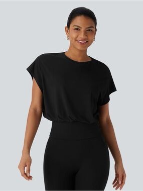 HALARA Black Round Neck Short Batwing Sleeve Work T-Shirt Sz Medium NWT